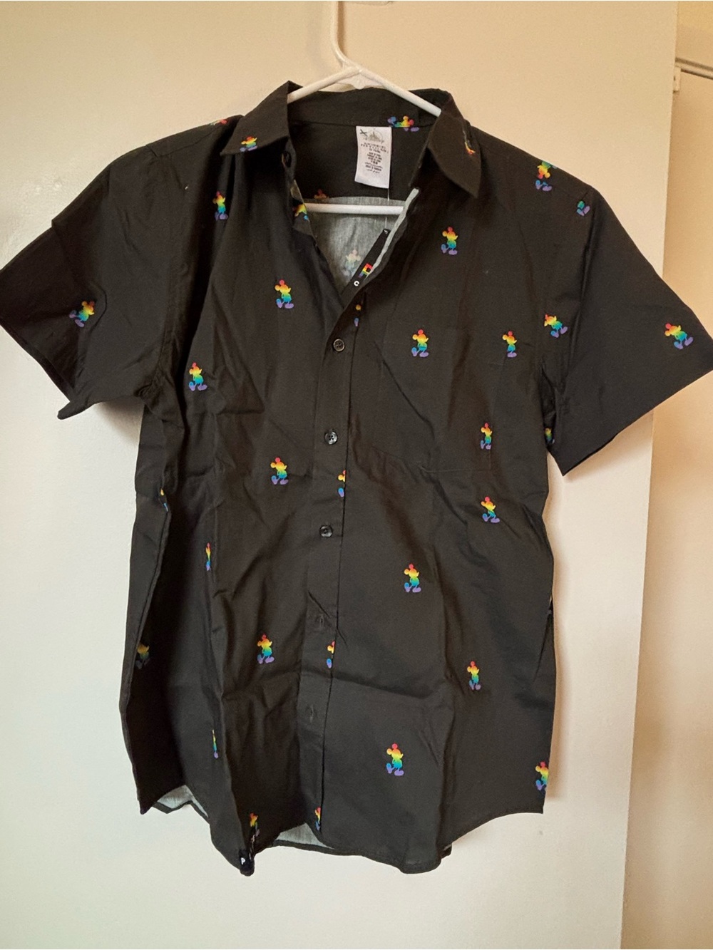 Men's Disney Pride Black Short-Sleeve Button-Up with Rainbow Mickey, size S